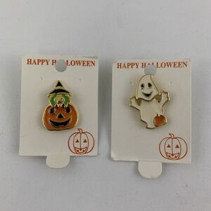 Vintage Halloween Enamel Ghost and Witch Pumpkin Gold Toned Lapel Pin Set